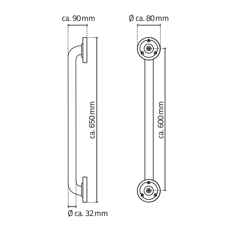 Ridder badgreep 60 cm chroom RVS - technische tekening