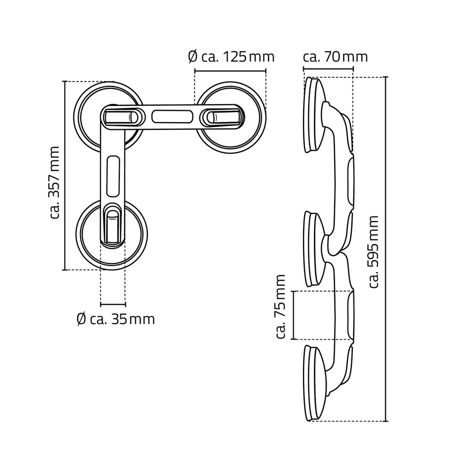 Ridder Premium hoekbadgreep met 3 zuignappen - technische tekening