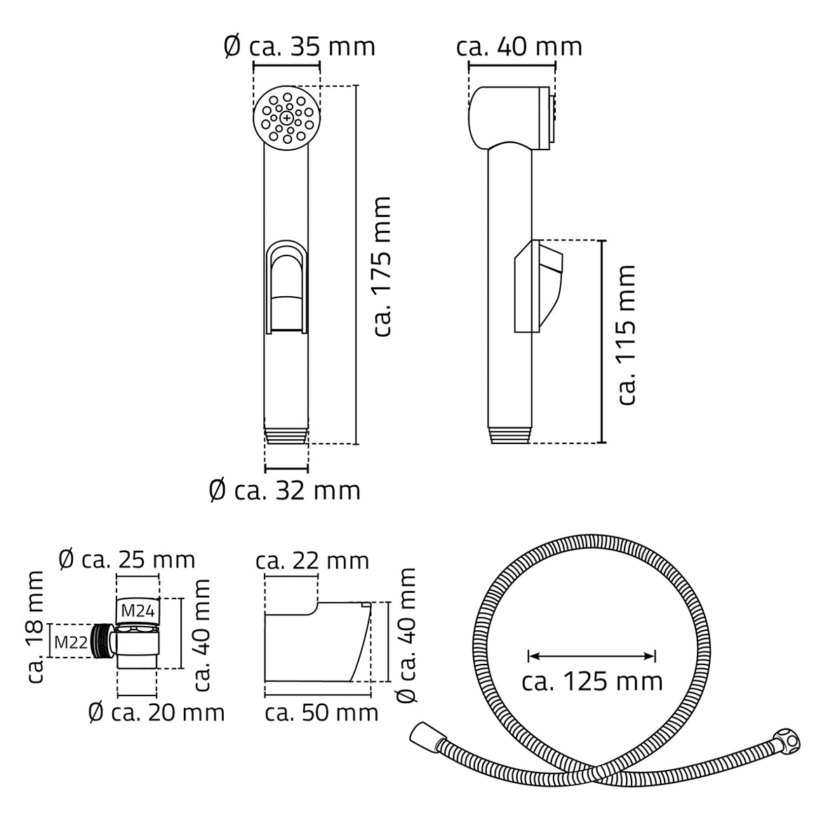 Ridder Lyon doucheslang met handdouche voor wastafelkraan chroom - technische tekening