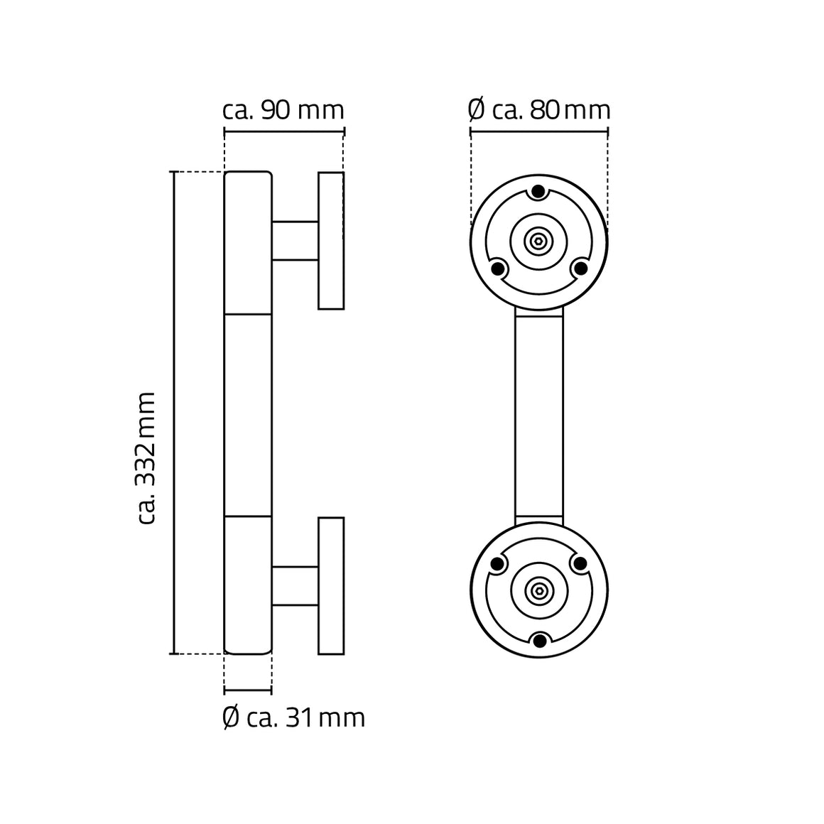 Ridder Ken badgreep met softgrip 30 cm - technische tekening