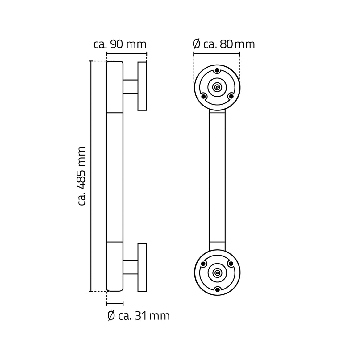 Ridder Ken badgreep met softgrip 50 cm - technische tekening