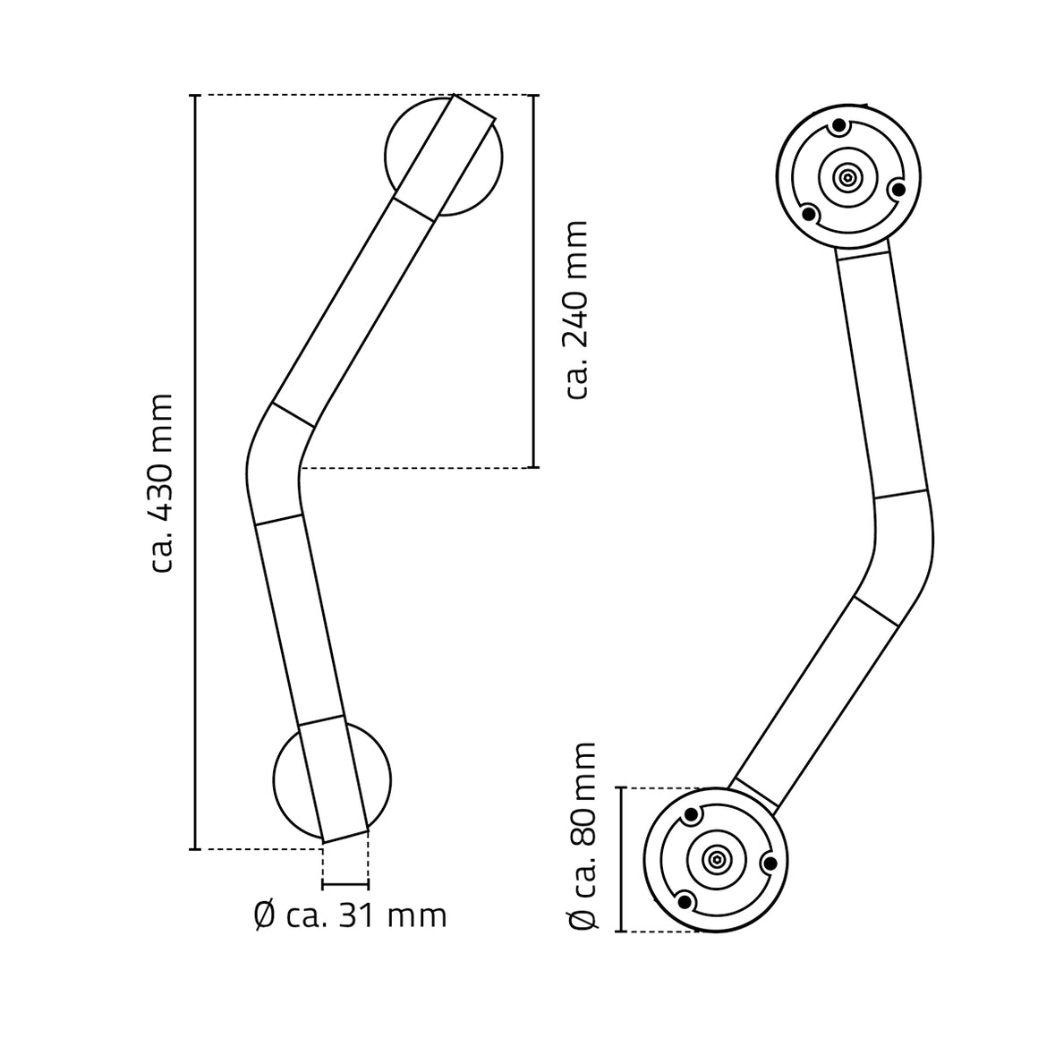 Ridder Ken hoekbadgreep met antislip 43 cm chroom - technische tekening