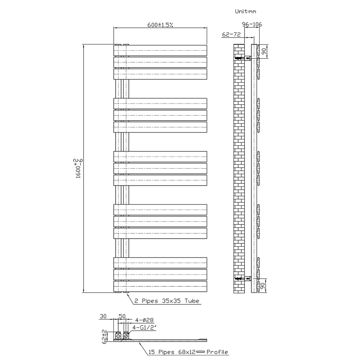 BELRAD Badkamer Radiator Wit – Linkeraansluiting/Combi