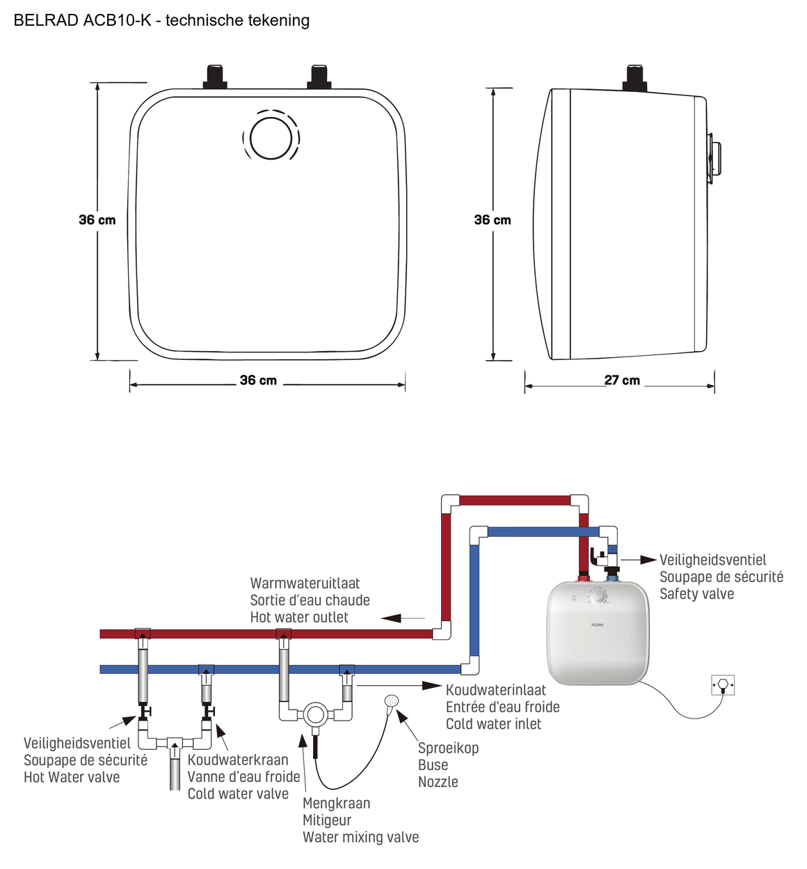 Belrad ACB10-K 10 liter - technische tekening