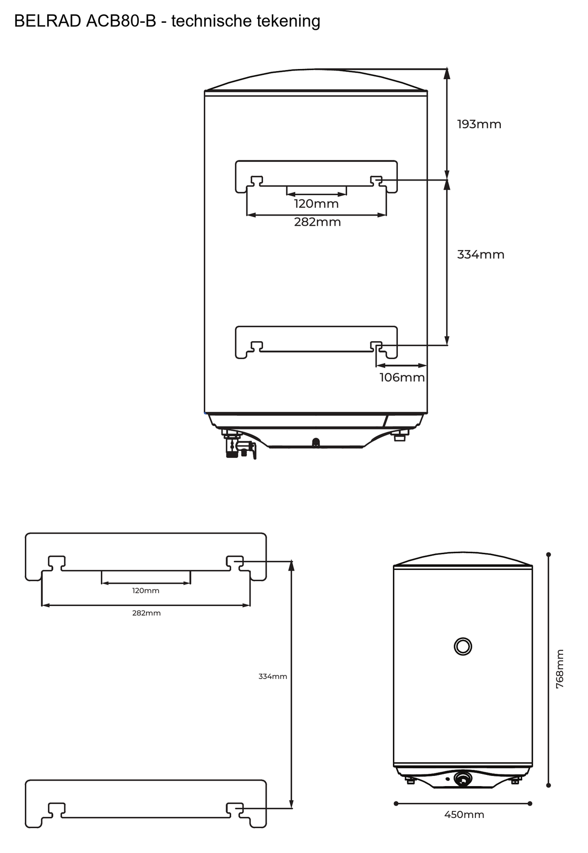 Belrad ACB80-B 80 liter - technische tekening