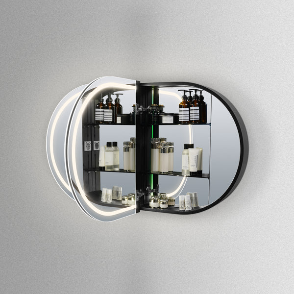 Luxe Ovaal-Rechthoekige Spiegelkast in Mat Zwart met LED-Baan Rondom - Hipp Design