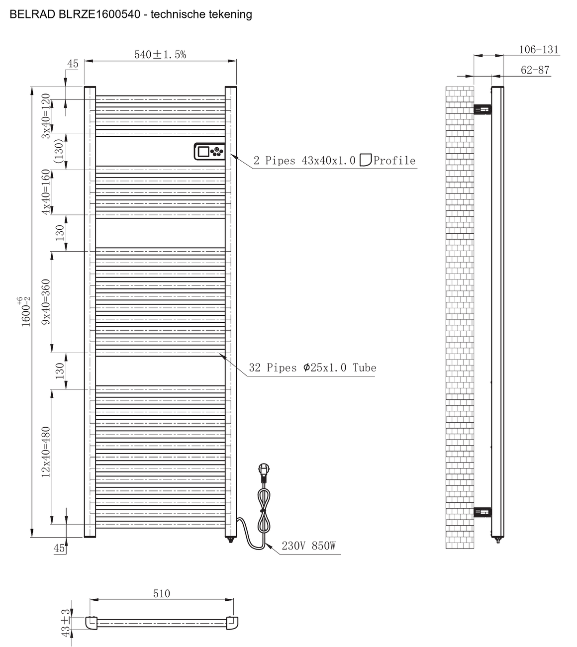 Belrad BLRZE1600540 Mat Zwart / 1600x540mm - technische tekening