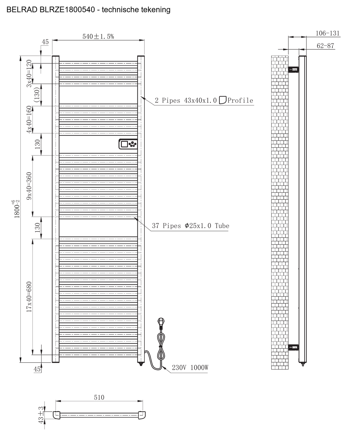 Belrad BLRZE1800540 Mat Zwart / 1800x540mm - technische tekening