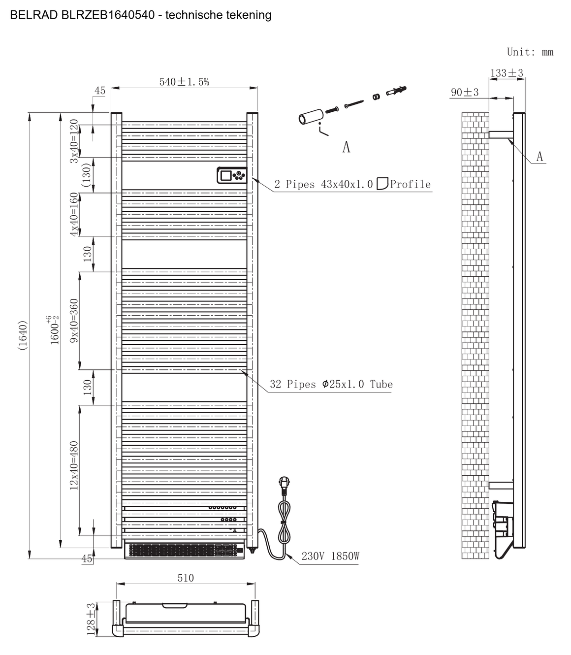 Belrad BLRZEB1640540 Mat Zwart / 1640x540mm - technische tekening