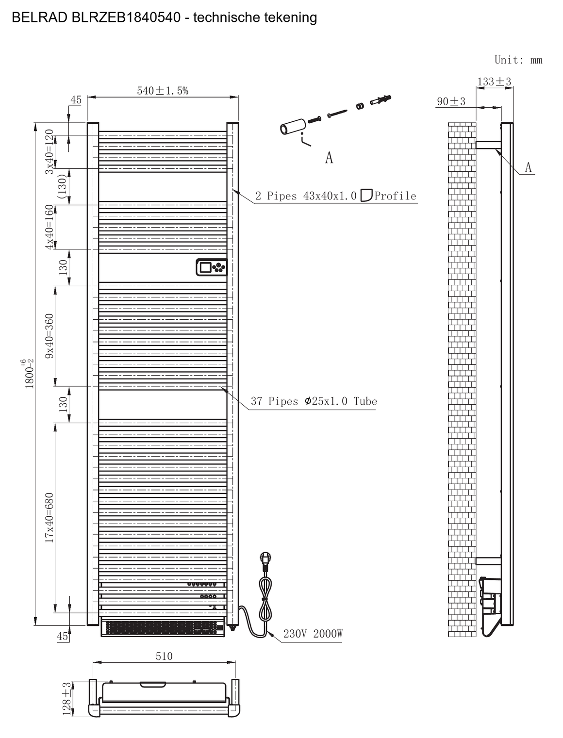 Belrad BLRZEB1840540 Mat Zwart / 1840x540mm - technische tekening