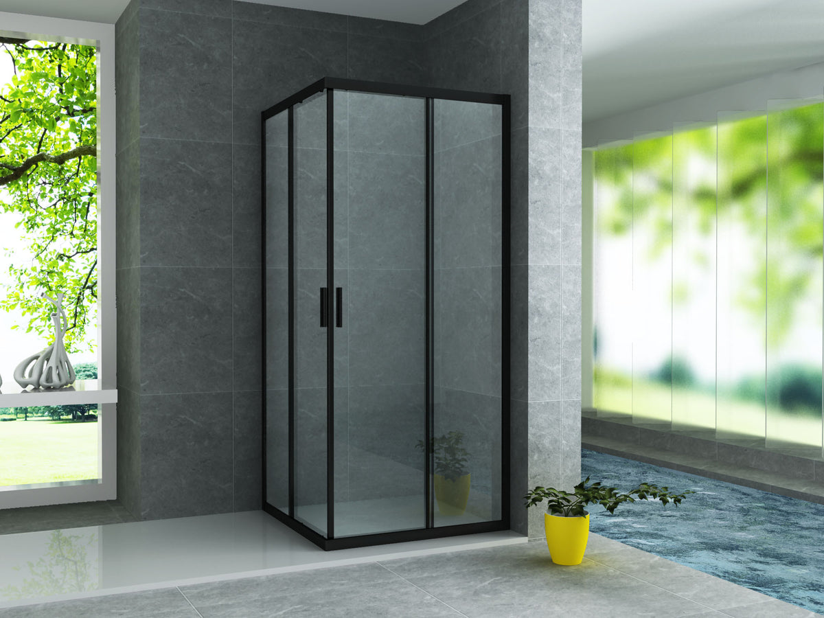 ALONI DOUCHECABINE HOEKINSTAP MET 2 SCHUIFDEUREN- MET ANTI-KALK BEHANDELING - OMKEERBAAR - 6MM VEILIGHEIDSGLAS - 90X90X195 CM - MAT ZWART - HELDER GLAS