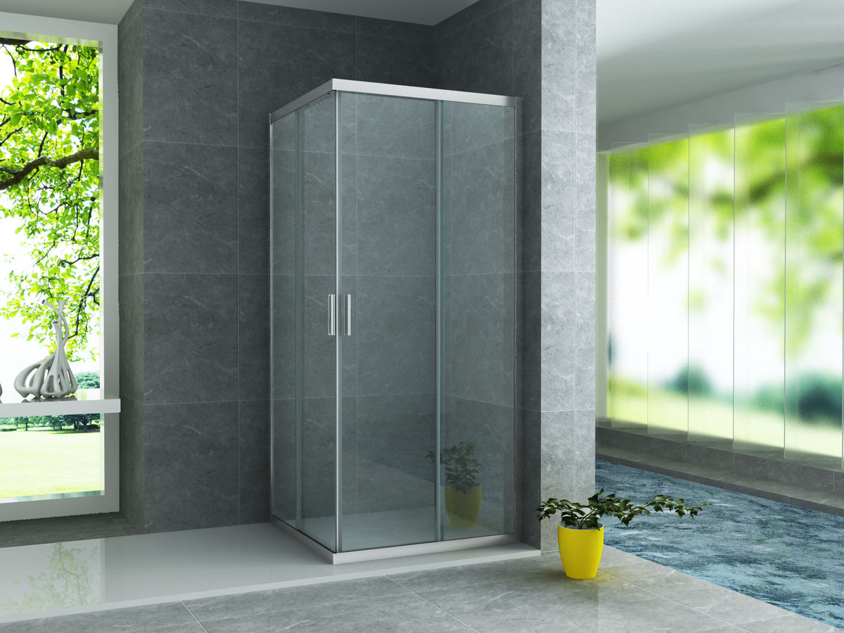 ALONI DOUCHECABINE HOEKINSTAP MET 2 SCHUIFDEUREN- MET ANTI-KALK BEHANDELING - OMKEERBAAR - 6MM VEILIGHEIDSGLAS - 80X80X195 CM - CHROOM - HELDER GLAS