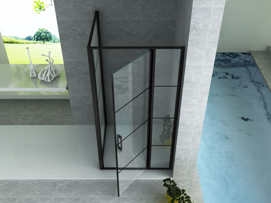 ALONI Douchecabine met Draaideur, Vast Wandje en Zijwand - met ANTI-kalk Behandeling - Omkeerbaar - 8MM Veiligheidsglas - 80X120X200 Cm - Mat Zwart - helder glas met Zwart raster