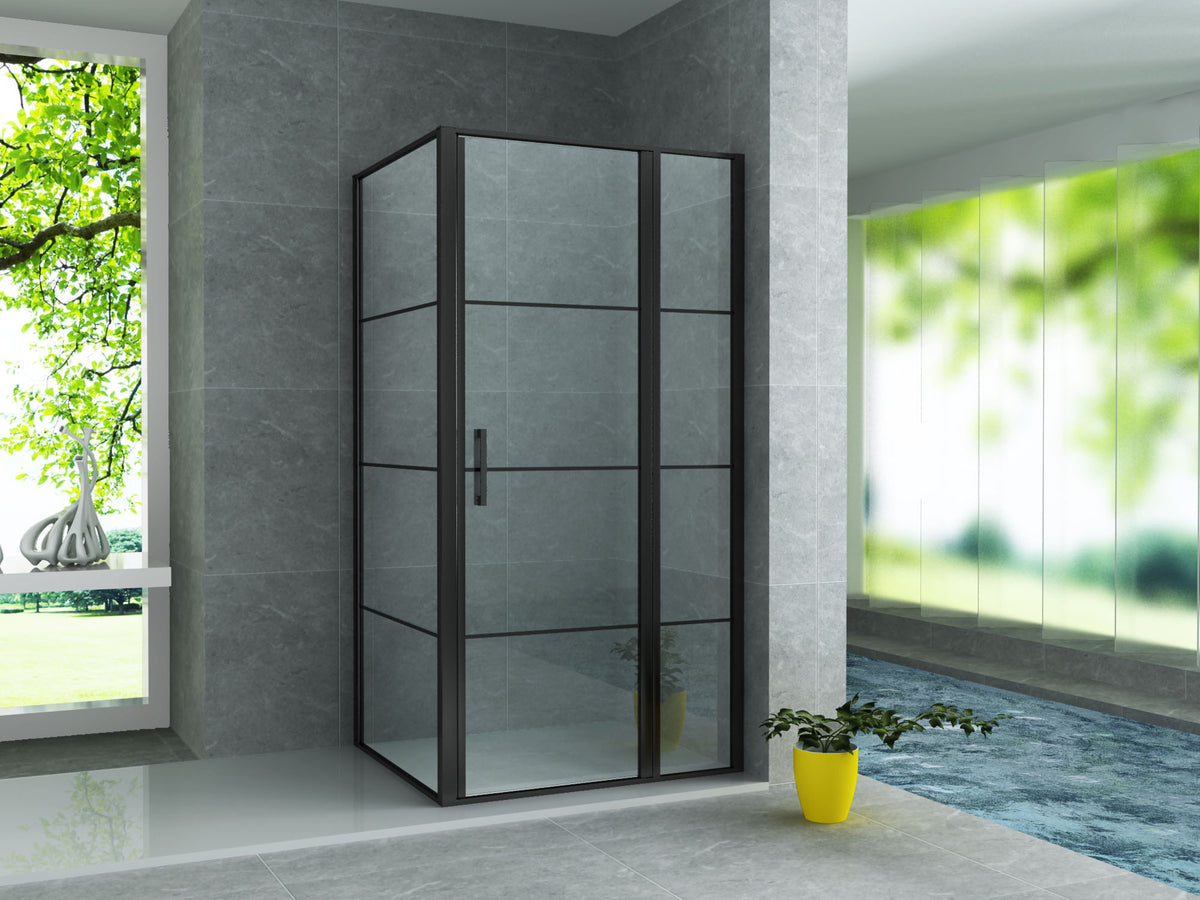 ALONI DOUCHECABINE MET DRAAIDEUR, VAST WANDJE EN ZIJWAND - MET ANTI-KALK BEHANDELING - OMKEERBAAR - 8MM VEILIGHEIDSGLAS - 90X120X200 CM - MAT ZWART- HELDER GLAS MET ZWART RASTER