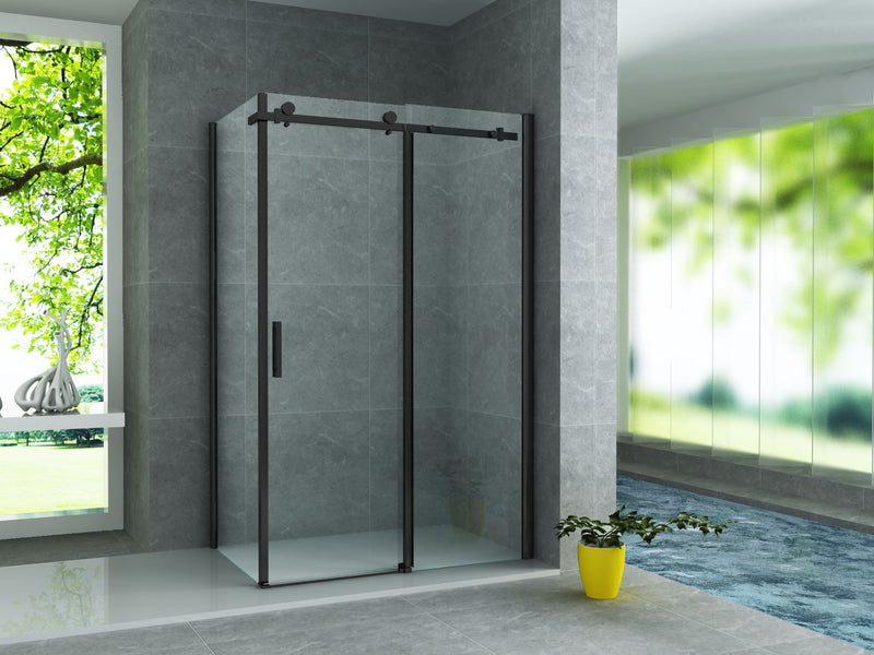 ALONI DOUCHECABINE MET SCHUIFDEUR EN ZIJWAND - MET ANTI-KALK BEHANDELING - OMKEERBAAR - 8MM VEILIGHEIDSGLAS - 90X140X195 CM - MAT ZWART - HELDER GLAS