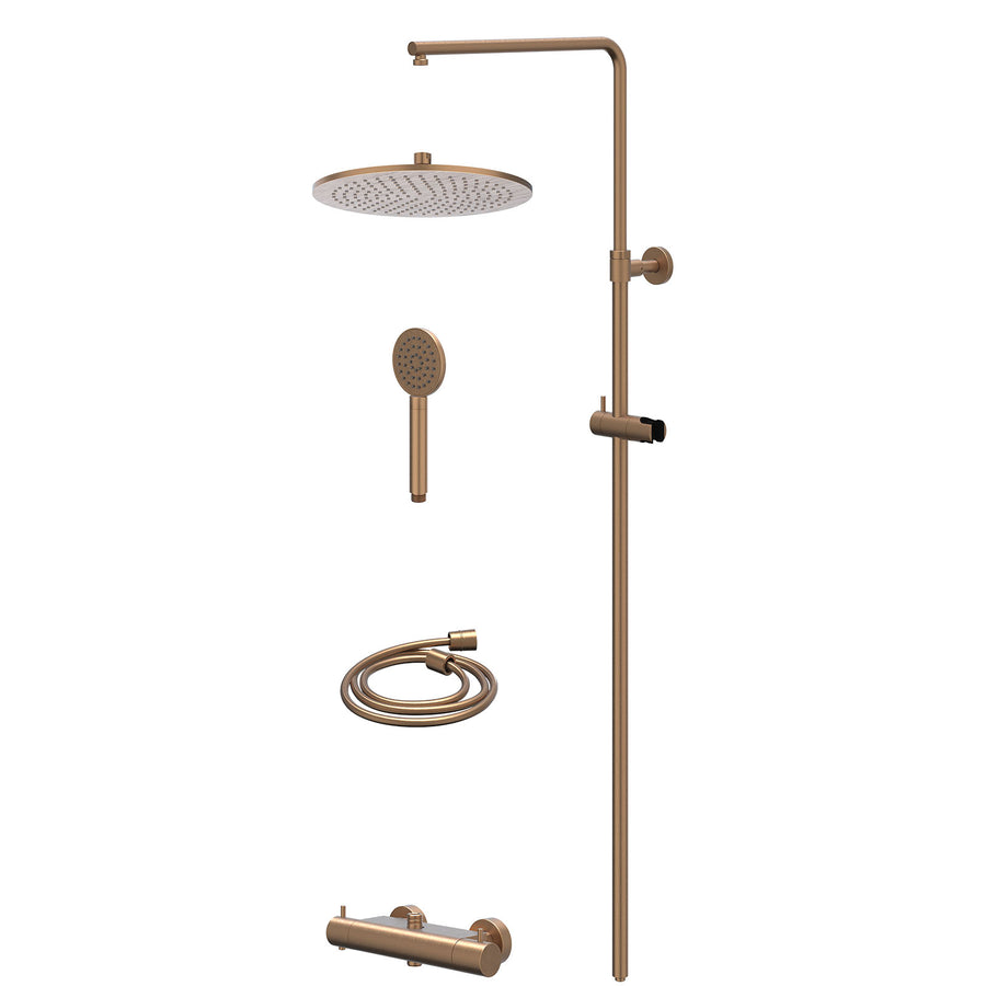 IVY Regendoucheset thermostatisch opbouw set R30cmME en satin spray handdouche – Gebr. mat koper PVD