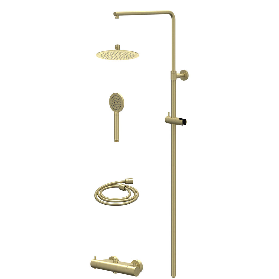 IVY Regendoucheset thermostatisch opbouw set R20cmSL en satin spray handdouche – Gebr. mat goud PVD