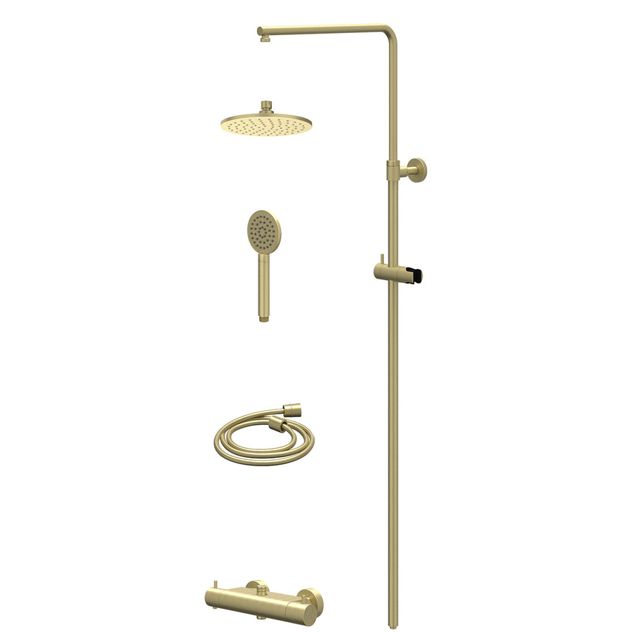 IVY Regendoucheset thermostatisch opbouw set R20cmME en satin spray handdouche – Gebr. mat goud PVD
