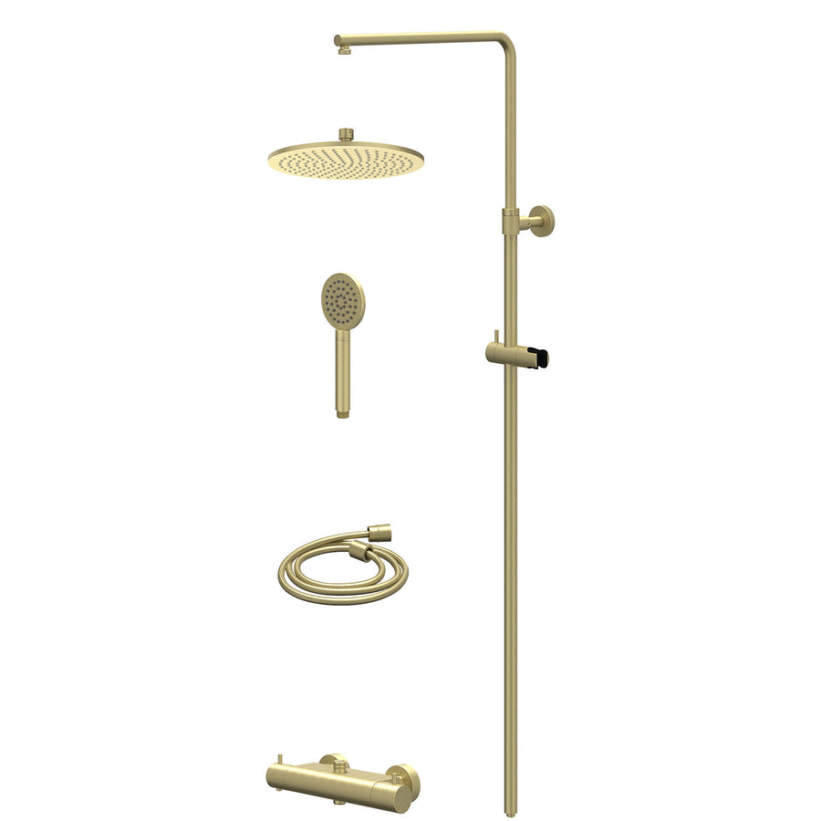 IVY Regendoucheset thermostatisch opbouw set R25cmME en satin spray handdouche – Gebr. mat goud PVD