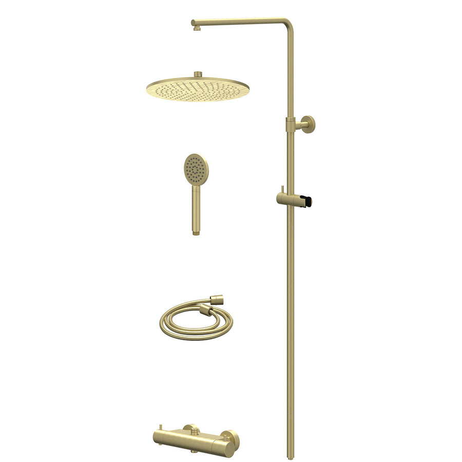 IVY Regendoucheset thermostatisch opbouw set R30cmME en satin spray handdouche – Gebr. mat goud PVD