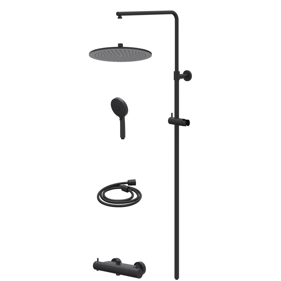 IVY Regendoucheset thermostatisch opbouw set R30cmME en 3-standen handdouche – Mat zwart PED