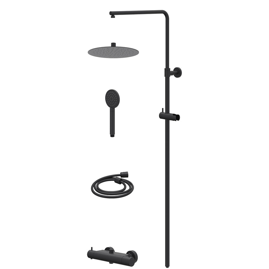 IVY Regendoucheset thermostatisch opbouw set R25cmSL en satin spray handdouche – Mat zwart PED