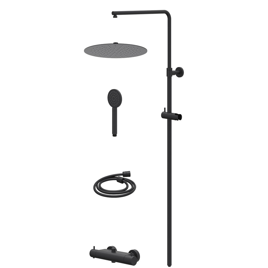 IVY Regendoucheset thermostatisch opbouw set R30cmSL en satin spray handdouche – Mat zwart PED