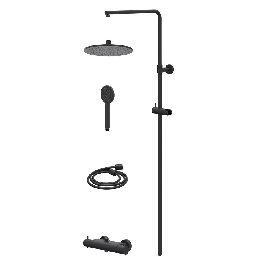 IVY Regendoucheset thermostatisch opbouw set R25cmME en satin spray handdouche – Mat zwart PED