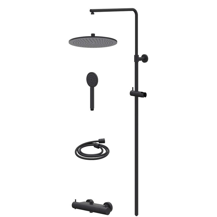 IVY Regendoucheset thermostatisch opbouw set R30cmME en satin spray handdouche – Mat zwart PED
