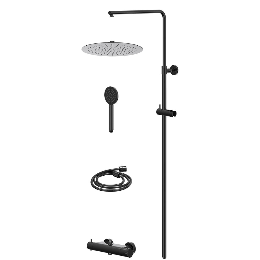 IVY Regendoucheset thermostatisch opbouw set R30cmSL en satin spray handdouche – Zwart chroom PVD