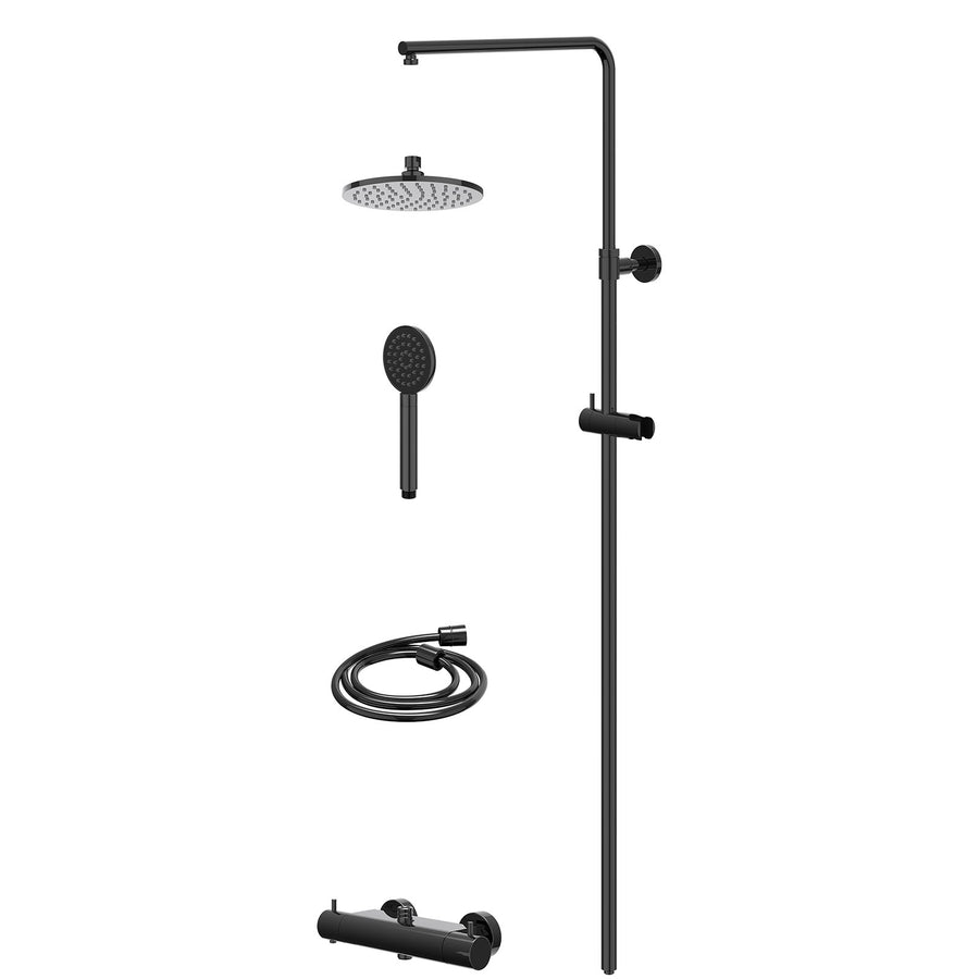 IVY Regendoucheset thermostatisch opbouw set R20cmME en satin spray handdouche – Zwart chroom PVD