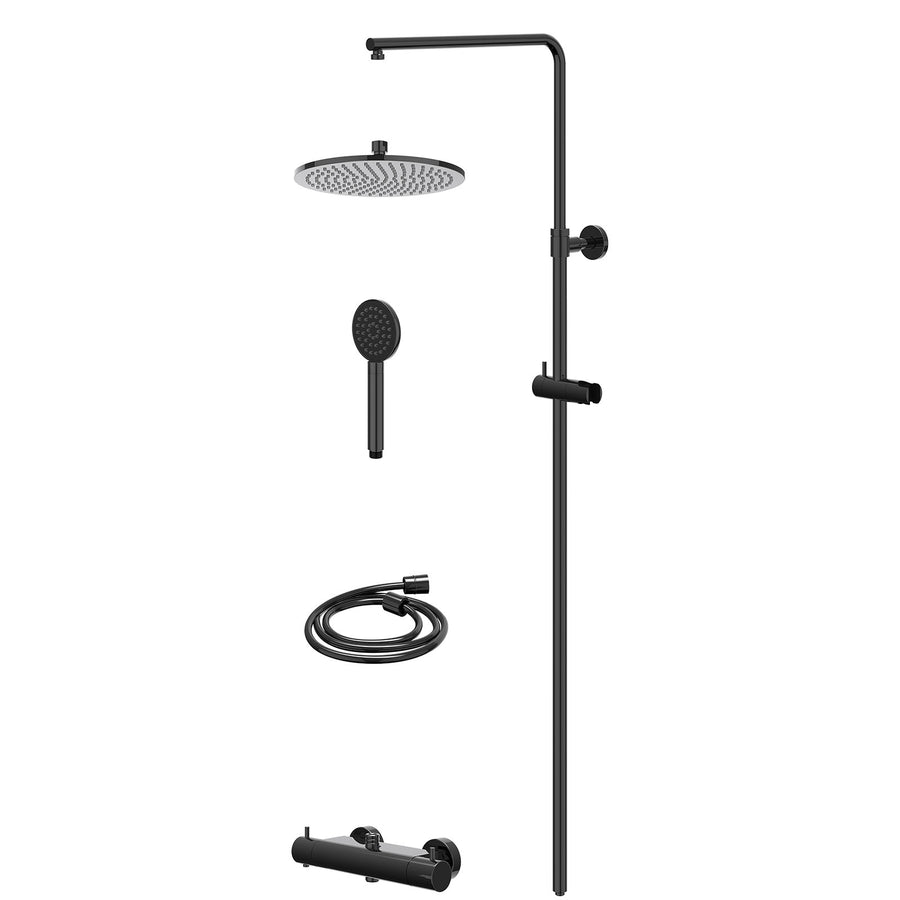 IVY Regendoucheset thermostatisch opbouw set R25cmME en satin spray handdouche – Zwart chroom PVD