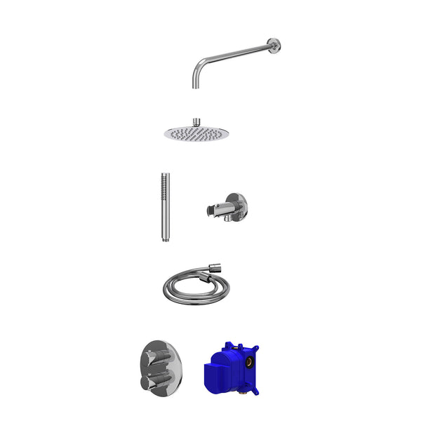 Regenduschset Einbau-Thermostatarmatur mit 2-Wege-Umstellventil, Wandarm, R20cmSL, Halter mit Abgang, Duschschlauch 150cm und Stabbrause