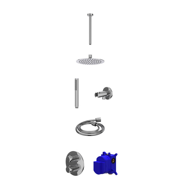 Regendoucheset inbouwthermostaatkraan met 2-weg stop-omstel, plafondbuis 30cm, R20cmSL, houder met uitlaat, doucheslang 150cm en staafmodel