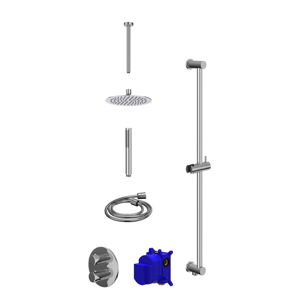 Regendoucheset inbouwthermostaatkraan met 2-weg stop-omstel, plafondbuis 30cm, R20cmSL, glijstang met uitlaat, doucheslang 150cm en staafmodel