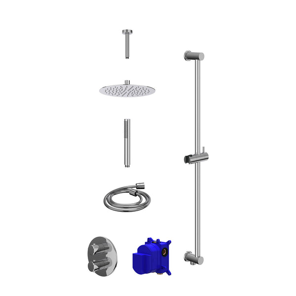 Regendoucheset inbouwthermostaatkraan met 2-weg stop-omstel, plafondbuis 15cm, R25cmSL, glijstang met uitlaat, doucheslang 150cm en staafmodel