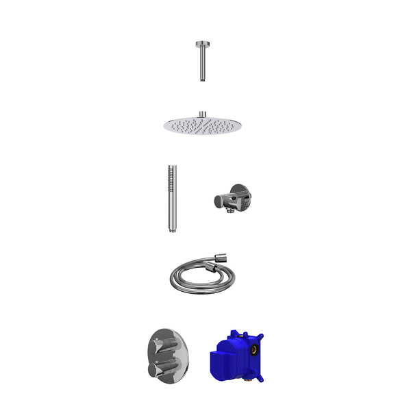 Regendoucheset inbouwthermostaatkraan met 2-weg stop-omstel, plafondbuis 15cm, R25cmSL, verstelbare steun met geïnt. uitlaat, doucheslang 150cm en staafmodel