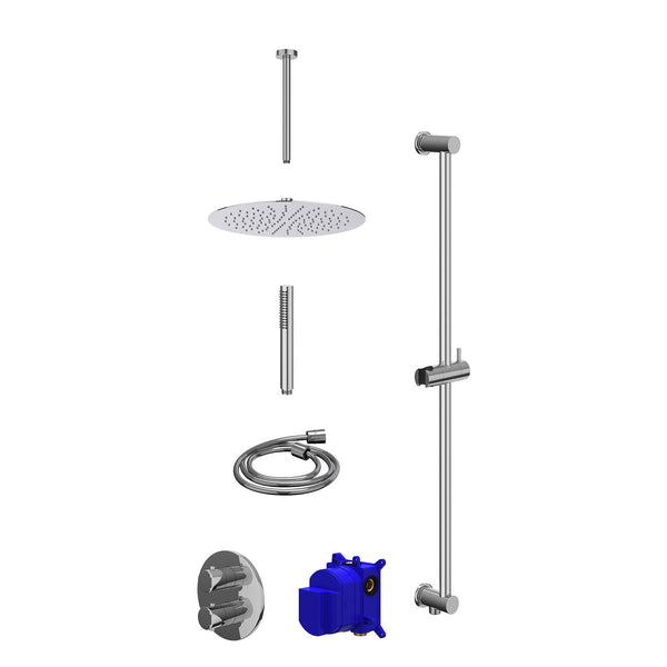 Regendoucheset inbouwthermostaatkraan met 2-weg stop-omstel, plafondbuis 30cm, R30cmSL, glijstang met uitlaat, doucheslang 150cm en staafmodel