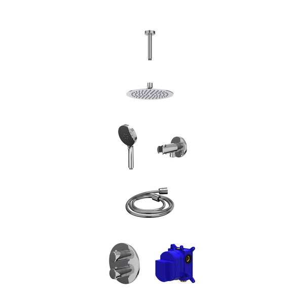 Regendoucheset inbouwthermostaatkraan met 2-weg stop-omstel, plafondbuis 15cm, R20cmSL, houder met uitlaat, doucheslang 150cm en 3-standen handdouche