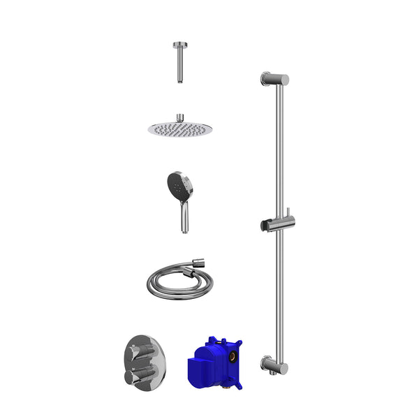 Regendoucheset inbouwthermostaatkraan met 2-weg stop-omstel, plafondbuis 15cm, R20cmSL, glijstang met uitlaat, doucheslang 150cm en 3-standen handdouche