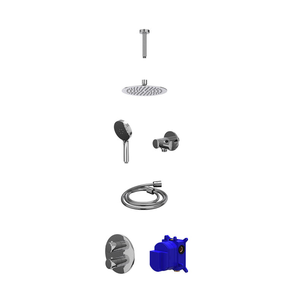 Regendoucheset inbouwthermostaatkraan met 2-weg stop-omstel, plafondbuis 15cm, R20cmSL, verstelbare steun met geïnt. uitlaat, doucheslang 150cm en 3-standen handdouche