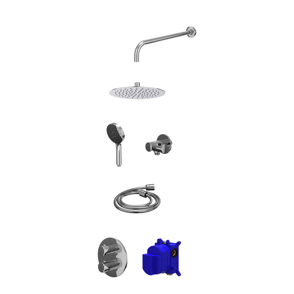 Regendoucheset inbouwthermostaatkraan met 2-weg stop-omstel, wandarm, R25cmSL, verstelbare steun met geïnt. uitlaat, doucheslang 150cm en 3-standen handdouche