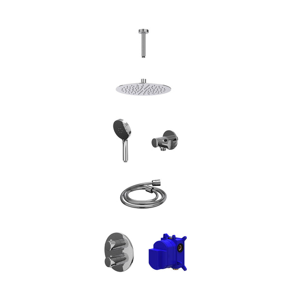 Regendoucheset inbouwthermostaatkraan met 2-weg stop-omstel, plafondbuis 15cm, R25cmSL, verstelbare steun met geïnt. uitlaat, doucheslang 150cm en 3-standen handdouche