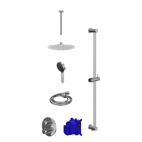 Regendoucheset inbouwthermostaatkraan met 2-weg stop-omstel, plafondbuis 30cm, R25cmSL, glijstang met uitlaat, doucheslang 150cm en 3-standen handdouche