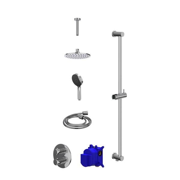 Regendoucheset inbouwthermostaatkraan met 2-weg stop-omstel, plafondbuis 15cm, R20cmME, glijstang met uitlaat, doucheslang 150cm en 3-standen handdouche