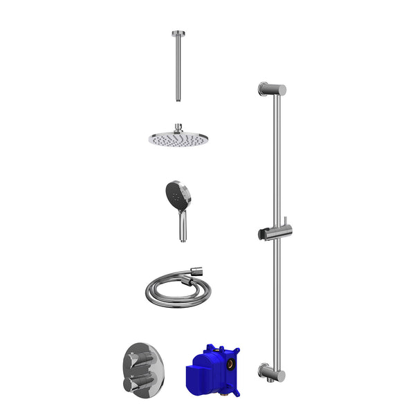 Regendoucheset inbouwthermostaatkraan met 2-weg stop-omstel, plafondbuis 30cm, R20cmME, glijstang met uitlaat, doucheslang 150cm en 3-standen handdouche