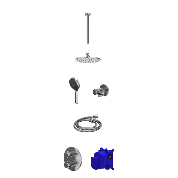 Regendoucheset inbouwthermostaatkraan met 2-weg stop-omstel, plafondbuis 30cm, R20cmME, verstelbare steun met geïnt. uitlaat, doucheslang 150cm en 3-standen handdouche