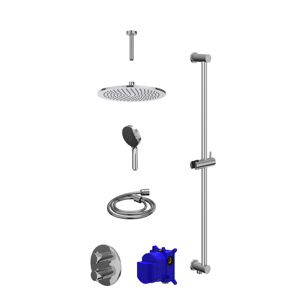 Regendoucheset inbouwthermostaatkraan met 2-weg stop-omstel, plafondbuis 15cm, R30cmME, glijstang met uitlaat, doucheslang 150cm en 3-standen handdouche