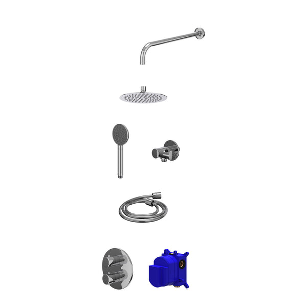 Regendoucheset inbouwthermostaatkraan met 2-weg stop-omstel, wandarm, R20cmSL, verstelbare steun met geïnt. uitlaat, doucheslang 150cm en satin spray handdouche