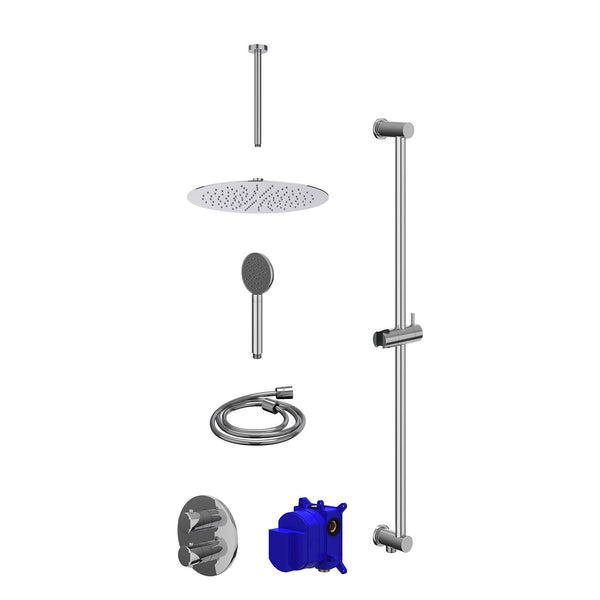 Regendoucheset inbouwthermostaatkraan met 2-weg stop-omstel, plafondbuis 30cm, R30cmSL, glijstang met uitlaat, doucheslang 150cm en satin spray handdouche